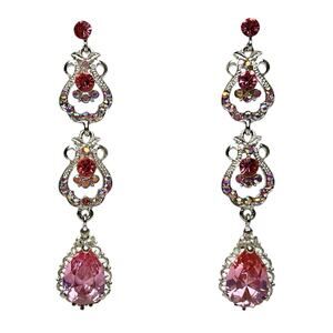 Pink Dangle Earrings Glass Faceted Stones Acrylic Pierced Silver Tone Long Drop